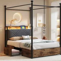 Lit simple 90x190 cm - Lit Baldaquin avec Tiroirs de Rangement et Ports USB/Type-C, Métal avec LED Intégré, Noir, Sans Matelas