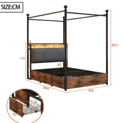 Lit simple 90x190 cm - Lit Baldaquin avec Tiroirs de Rangement et Ports USB/Type-C, Métal avec LED Intégré, Noir, Sans Matelas