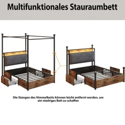 Lit simple 90x190 cm - Lit Baldaquin avec Tiroirs de Rangement et Ports USB/Type-C, Métal avec LED Intégré, Noir, Sans Matelas