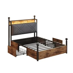 Lit simple 90x190 cm - Lit Baldaquin avec Tiroirs de Rangement et Ports USB/Type-C, Métal avec LED Intégré, Noir, Sans Matelas