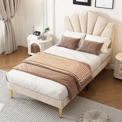 Lit Simple 90x200 cm - Lit Capitonné en Velours avec Tête de Lit Coquillage et Banquette de Rangement - Sans Matelas - Beige