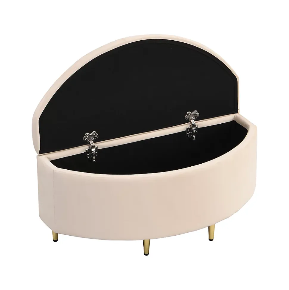 Lit Simple 90x200 cm - Lit Capitonné en Velours avec Tête de Lit Coquillage et Banquette de Rangement - Sans Matelas - Beige