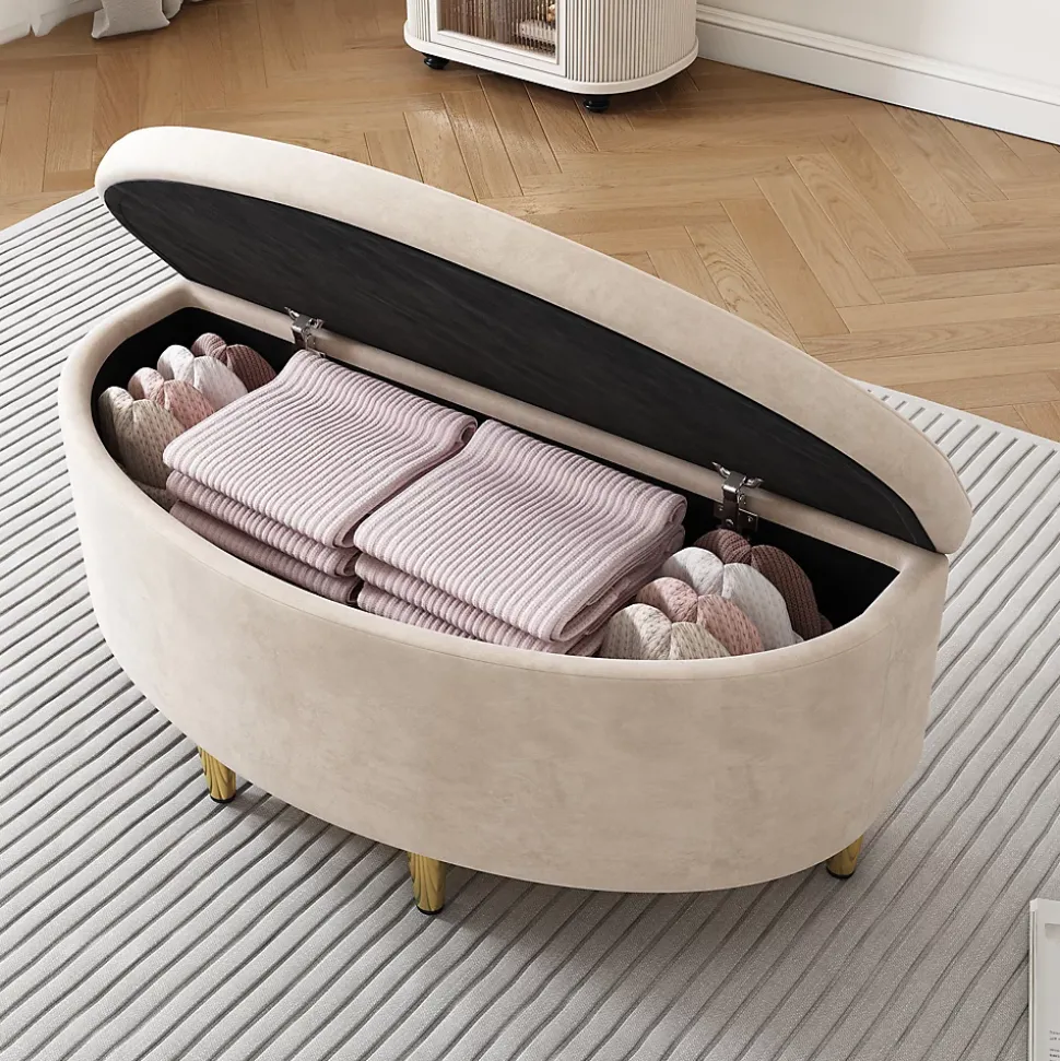 Lit Simple 90x200 cm - Lit Capitonné en Velours avec Tête de Lit Coquillage et Banquette de Rangement - Sans Matelas - Beige