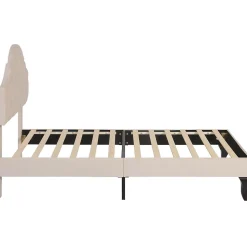 Lit Simple 90x200 cm - Lit Capitonné en Velours avec Tête de Lit Réglable et Sommier en Bois, Sans Matelas - Beige