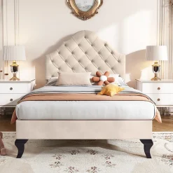 Lit Simple 90x200 cm - Lit Capitonné en Velours avec Tête de Lit Réglable et Sommier en Bois, Sans Matelas - Beige