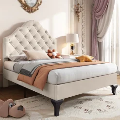 Lit Simple 90x200 cm - Lit Capitonné en Velours avec Tête de Lit Réglable et Sommier en Bois, Sans Matelas - Beige