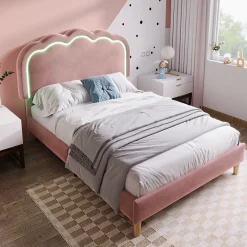 Lit simple 90x190 cm - Lit capitonné avec tête de lit LED réglable - Velours - Sans Matelas - Rose