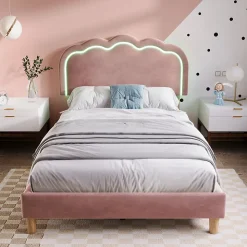 Lit simple 90x190 cm - Lit capitonné avec tête de lit LED réglable - Velours - Sans Matelas - Rose