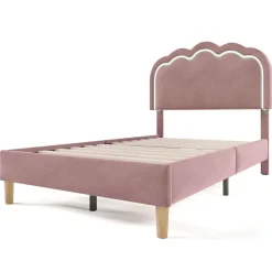 Lit simple 90x190 cm - Lit capitonné avec tête de lit LED réglable - Velours - Sans Matelas - Rose
