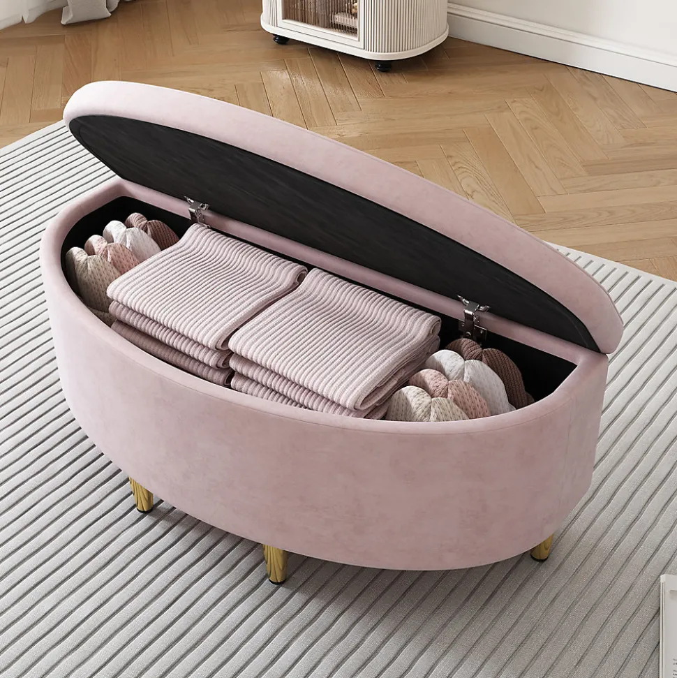 Lit Simple 90x200 cm - Lit Capitonné en Velours avec Tête de Lit Coquillage et Banquette de Rangement - Sans Matelas - Rose