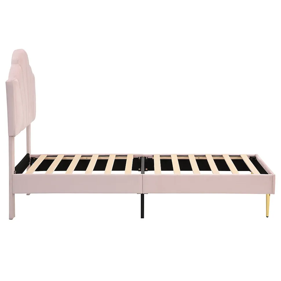Lit Simple 90x200 cm - Lit Capitonné en Velours avec Tête de Lit Coquillage et Banquette de Rangement - Sans Matelas - Rose