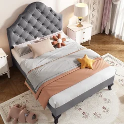 Lit Simple 90x200 cm - Lit Capitonné en Velours avec Tête de Lit Réglable, Sans Matelas - Gris