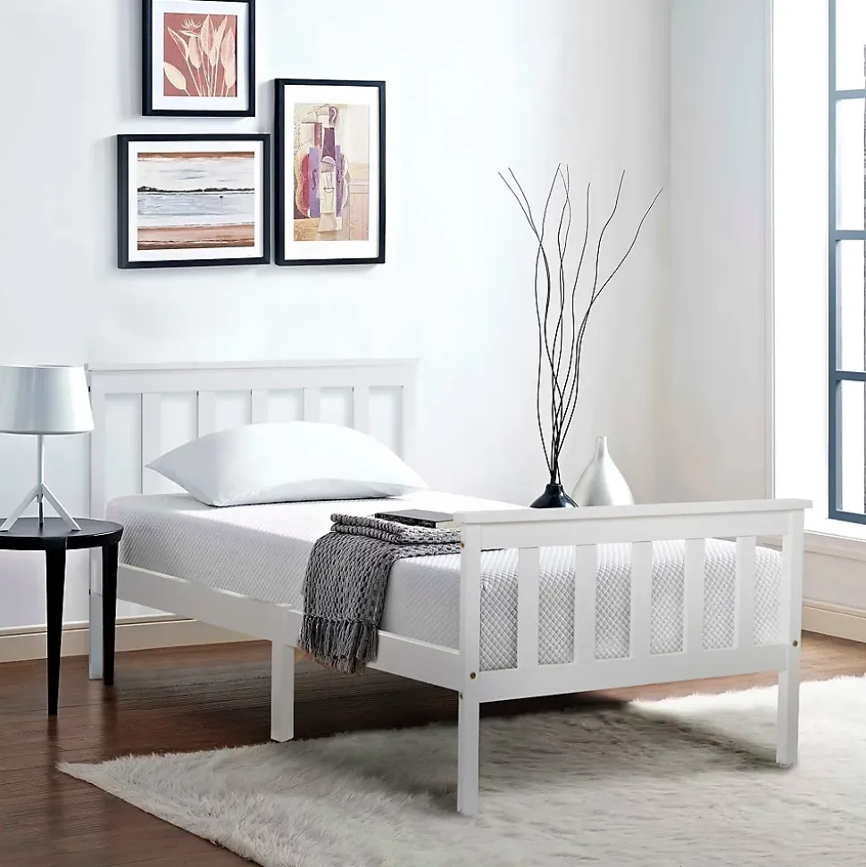 Lit simple 90x200 cm - Lit classique avec sommier à lattes - Pin et MDF - Sans matelas - Blanc