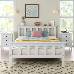 Lit simple 90x200 cm - Lit classique avec sommier à lattes - Pin et MDF - Sans matelas - Blanc