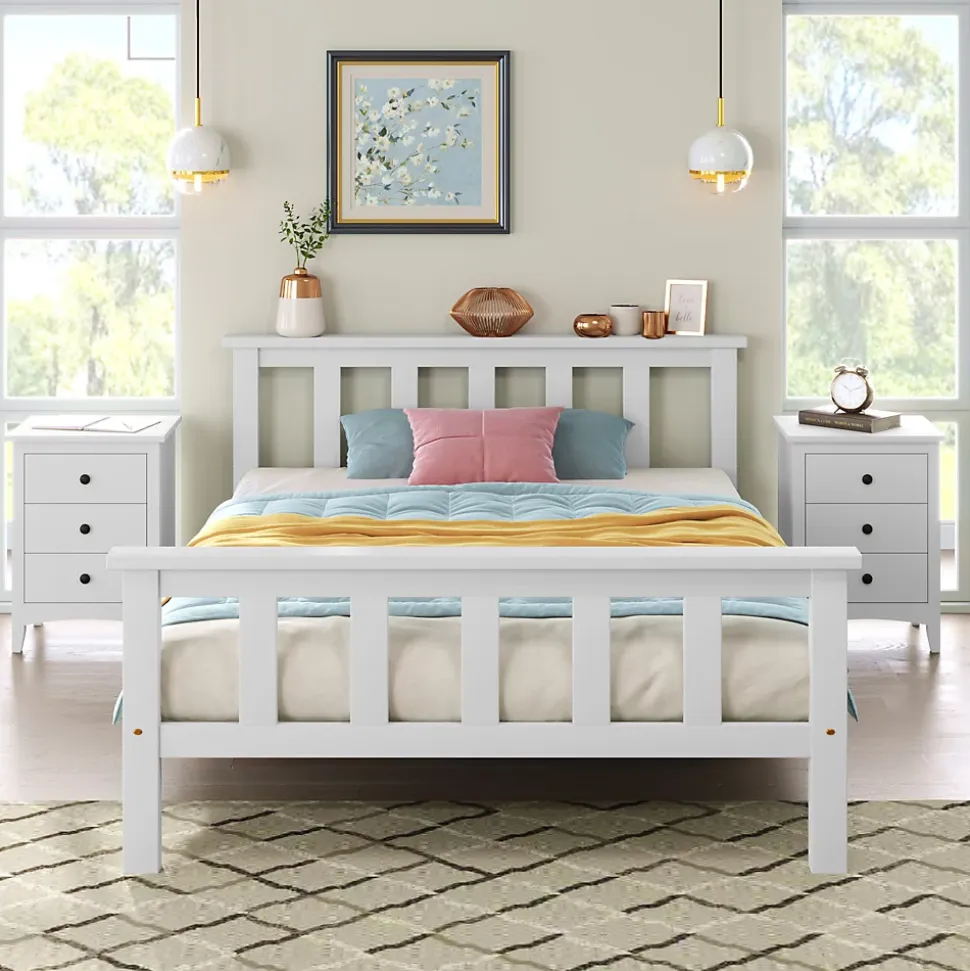 Lit simple 90x200 cm - Lit classique avec sommier à lattes - Pin et MDF - Sans matelas - Blanc