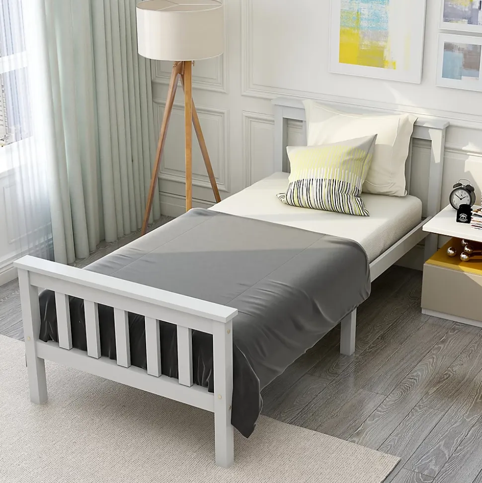 Lit simple 90x200 cm - Lit classique avec sommier à lattes - Pin et MDF - Sans matelas - Blanc