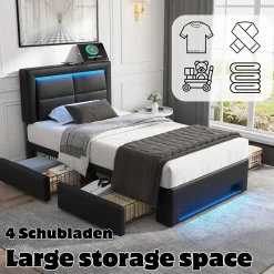 Lit Simple 90x200 cm - Lit Coffre avec 4 Tiroirs et Éclairage LED - Lit Capitonné PU - Noir - Sans Matelas