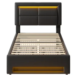 Lit Simple 90x200 cm - Lit Coffre avec 4 Tiroirs et Éclairage LED - Lit Capitonné PU - Noir - Sans Matelas