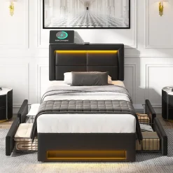 Lit Simple 90x200 cm - Lit Coffre avec 4 Tiroirs et Éclairage LED - Lit Capitonné PU - Noir - Sans Matelas