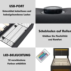 Lit Simple 90x190 cm - Lit Coffre avec 4 Tiroirs et Éclairage LED - Lit Capitonné PU - Noir - Sans Matelas