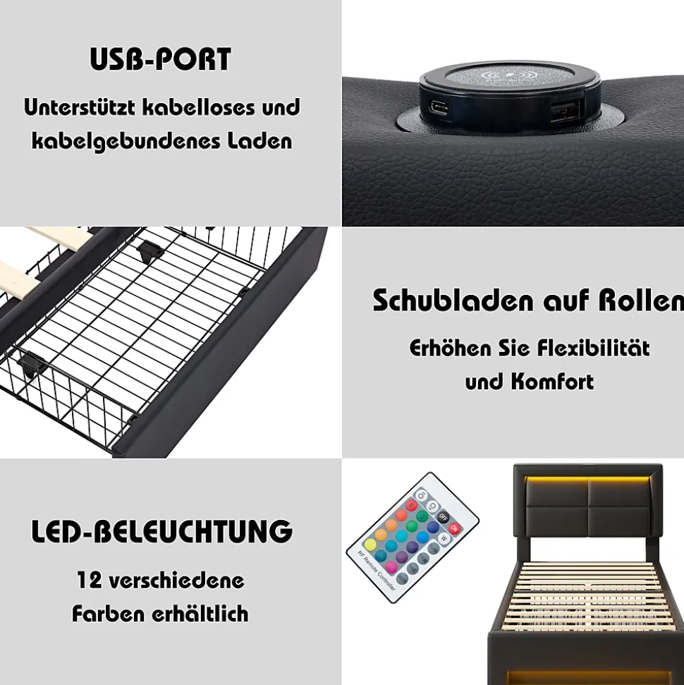 Lit Simple 90x190 cm - Lit Coffre avec 4 Tiroirs et Éclairage LED - Lit Capitonné PU - Noir - Sans Matelas