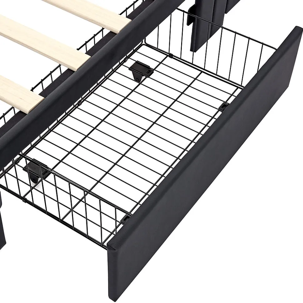 Lit Simple 90x190 cm - Lit Coffre avec 4 Tiroirs et Éclairage LED - Lit Capitonné PU - Noir - Sans Matelas