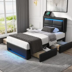 Lit Simple 90x190 cm - Lit Coffre avec 4 Tiroirs et Éclairage LED - Lit Capitonné PU - Noir - Sans Matelas