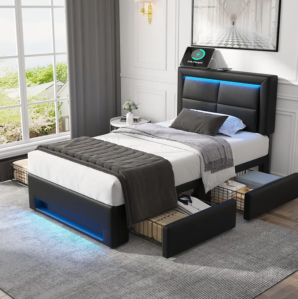 Lit Simple 90x190 cm - Lit Coffre avec 4 Tiroirs et Éclairage LED - Lit Capitonné PU - Noir - Sans Matelas