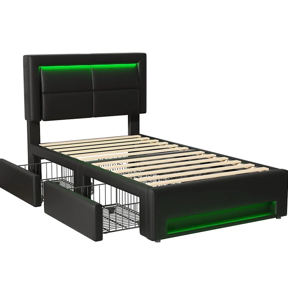 Lit Simple 90x190 cm - Lit Coffre avec 4 Tiroirs et Éclairage LED - Lit Capitonné PU - Noir - Sans Matelas