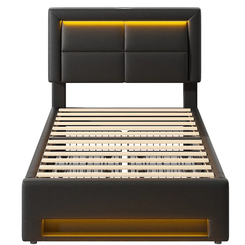 Lit Simple 90x190 cm - Lit Coffre avec 4 Tiroirs et Éclairage LED - Lit Capitonné PU - Noir - Sans Matelas