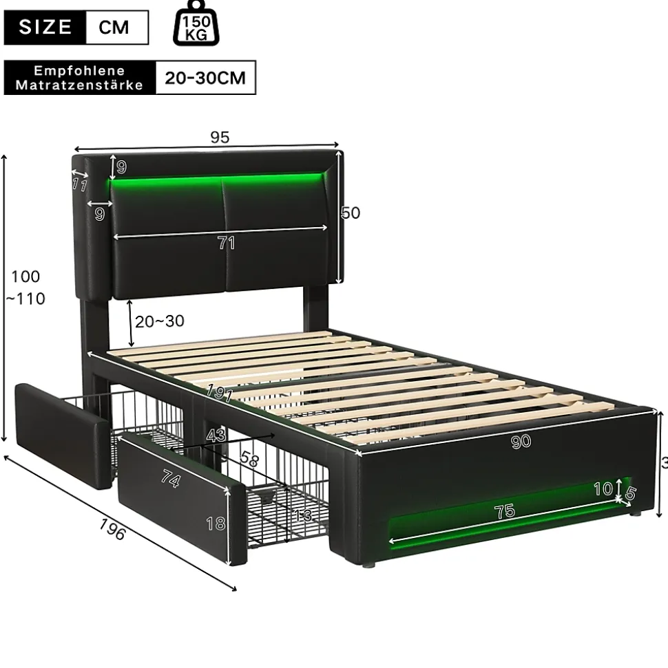 Lit Simple 90x190 cm - Lit Coffre avec 4 Tiroirs et Éclairage LED - Lit Capitonné PU - Noir - Sans Matelas