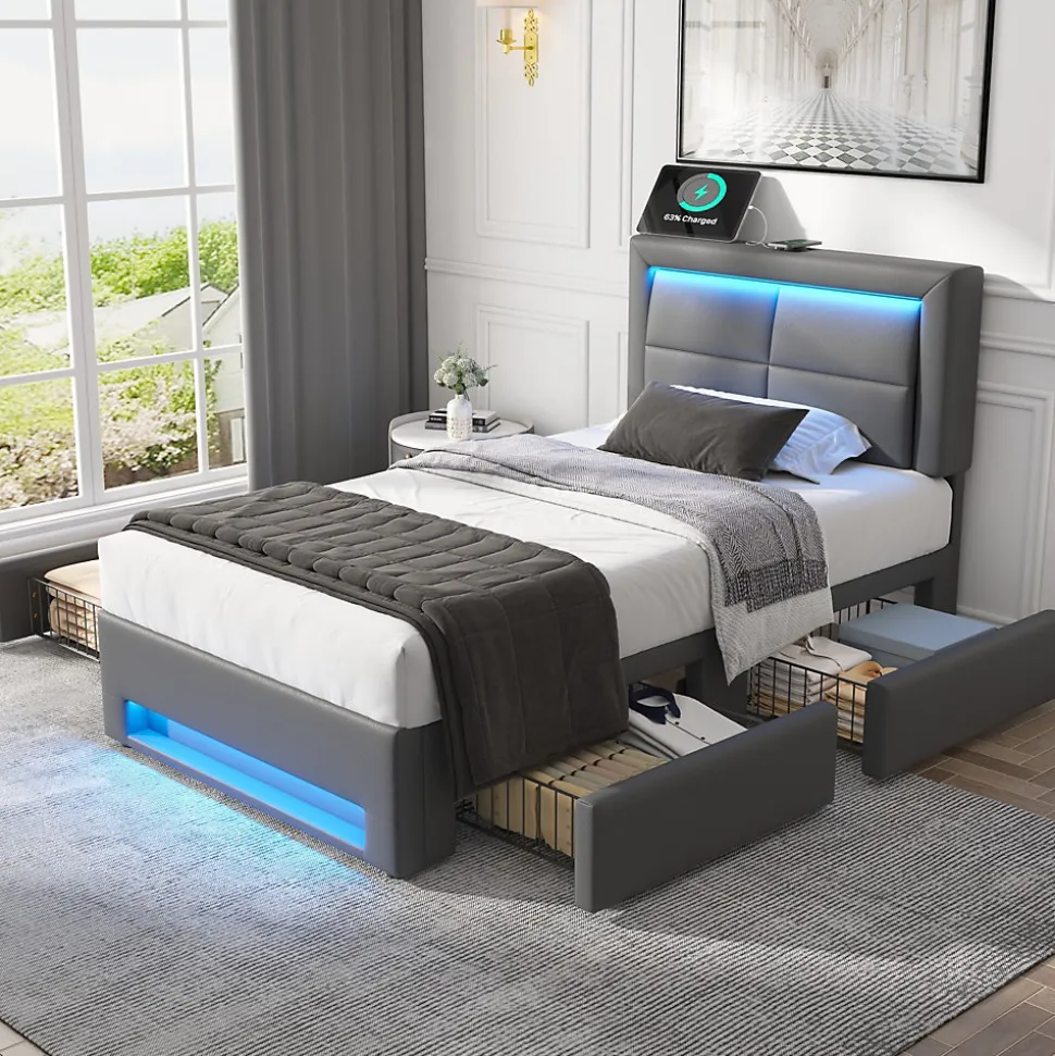 Lit Simple 90x190 cm - Lit Coffre avec 4 Tiroirs et Ports USB - Éclairage LED - Gain de Place - Gris - Sans Matelas