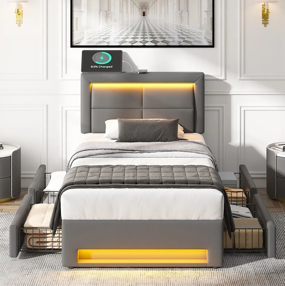 Lit Simple 90x190 cm - Lit Coffre avec 4 Tiroirs et Ports USB - Éclairage LED - Gain de Place - Gris - Sans Matelas