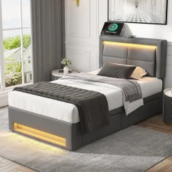 Lit Simple 90x190 cm - Lit Coffre avec 4 Tiroirs et Ports USB - Éclairage LED - Gain de Place - Gris - Sans Matelas