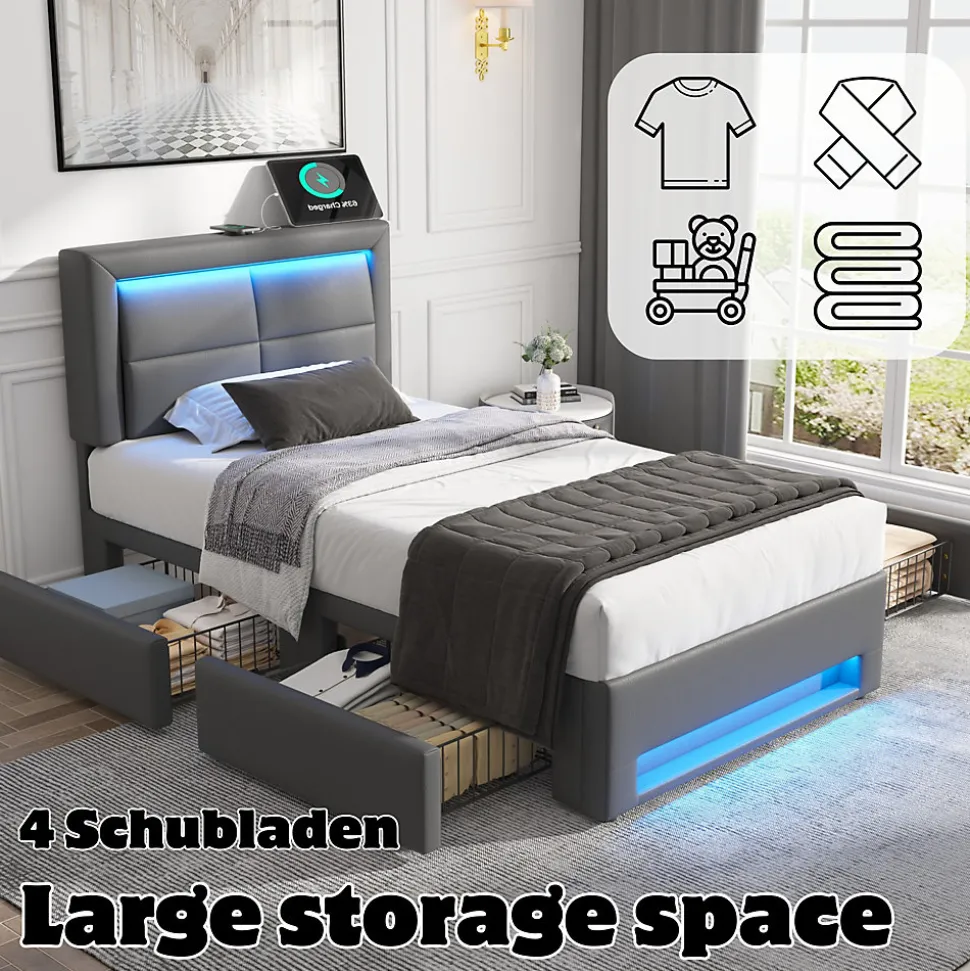 Lit Simple 90x190 cm - Lit Coffre avec 4 Tiroirs et Ports USB - Éclairage LED - Gain de Place - Gris - Sans Matelas