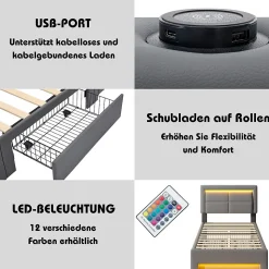 Lit Simple 90x190 cm - Lit Coffre avec 4 Tiroirs et Ports USB - Éclairage LED - Gain de Place - Gris - Sans Matelas