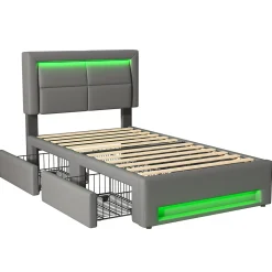 Lit Simple 90x190 cm - Lit Coffre avec 4 Tiroirs et Ports USB - Éclairage LED - Gain de Place - Gris - Sans Matelas