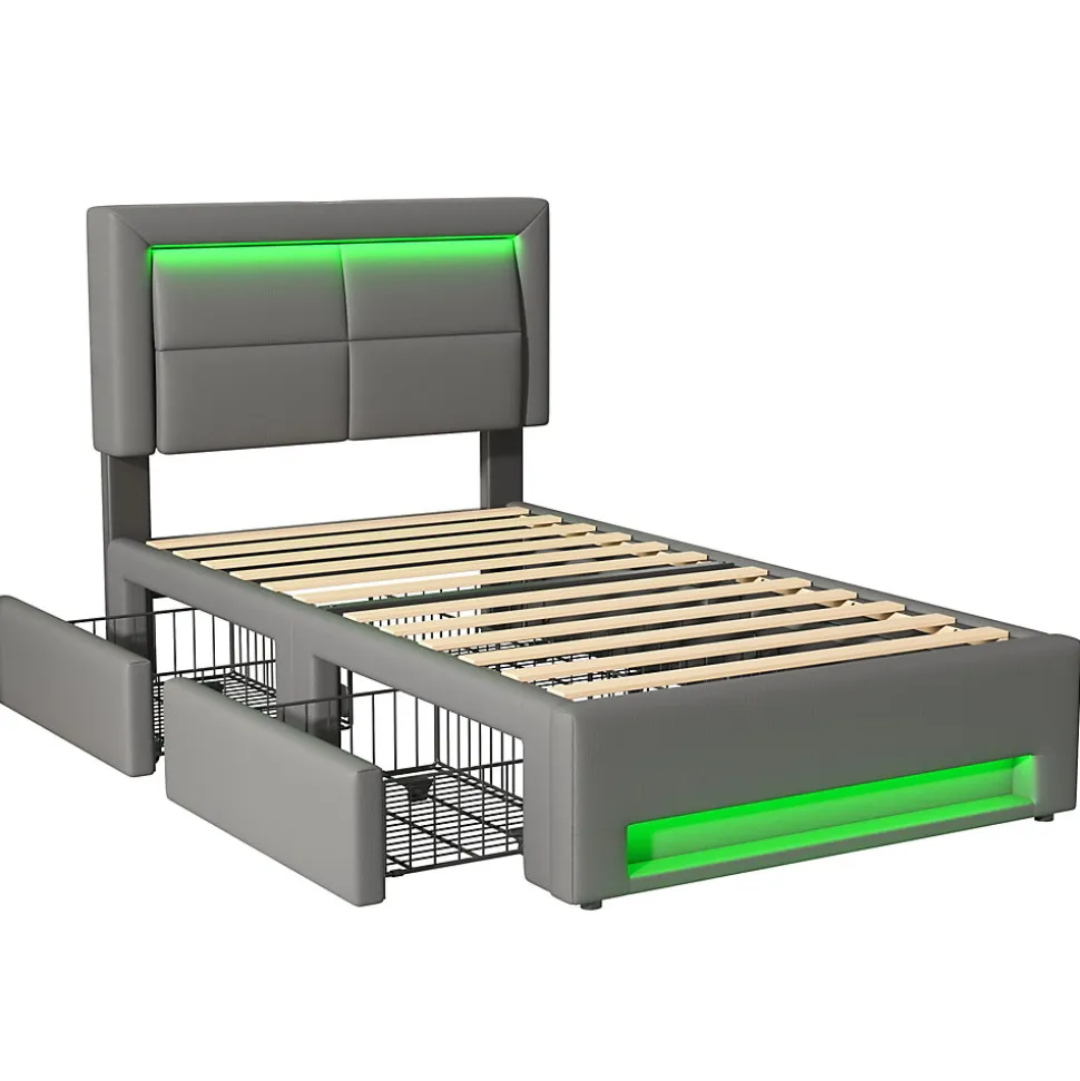 Lit Simple 90x190 cm - Lit Coffre avec 4 Tiroirs et Ports USB - Éclairage LED - Gain de Place - Gris - Sans Matelas