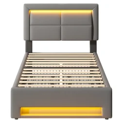 Lit Simple 90x190 cm - Lit Coffre avec 4 Tiroirs et Ports USB - Éclairage LED - Gain de Place - Gris - Sans Matelas