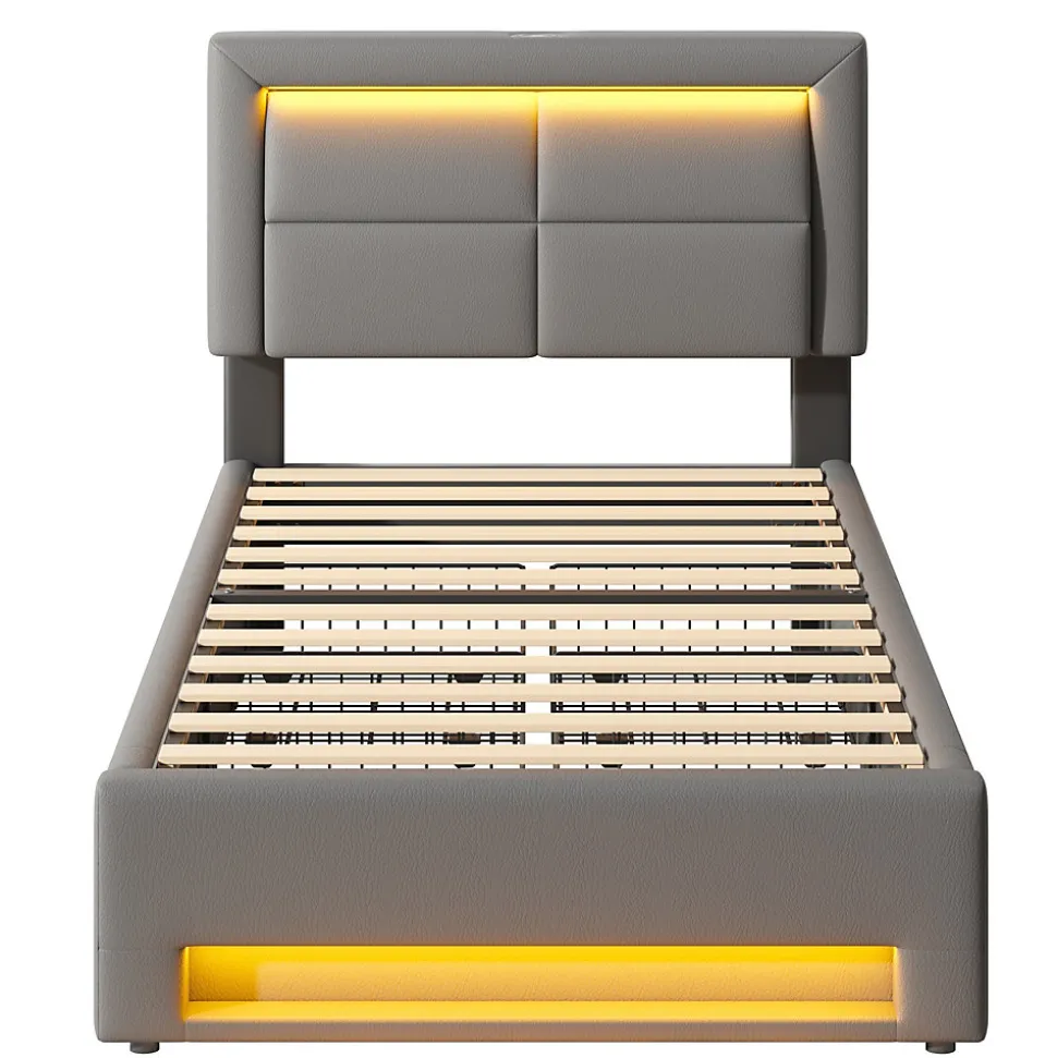 Lit Simple 90x190 cm - Lit Coffre avec 4 Tiroirs et Ports USB - Éclairage LED - Gain de Place - Gris - Sans Matelas