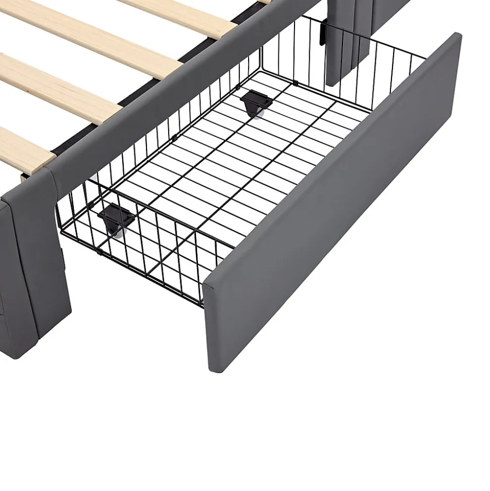 Lit Simple 90x190 cm - Lit Coffre avec 4 Tiroirs et Ports USB - Éclairage LED - Gain de Place - Gris - Sans Matelas