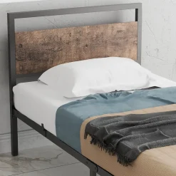 Lit Simple 90x200 cm - Lit en Métal Noir Solide avec Sommier à Lattes et Bois Robuste - Sans Matelas