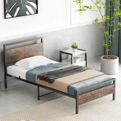 Lit Simple 90x200 cm - Lit en Métal Noir Solide avec Sommier à Lattes et Bois Robuste - Sans Matelas