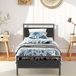 Lit Simple 90x200 cm - Lit en Métal Noir Robuste Gain de Place pour Petite Chambre - Sans Matelas