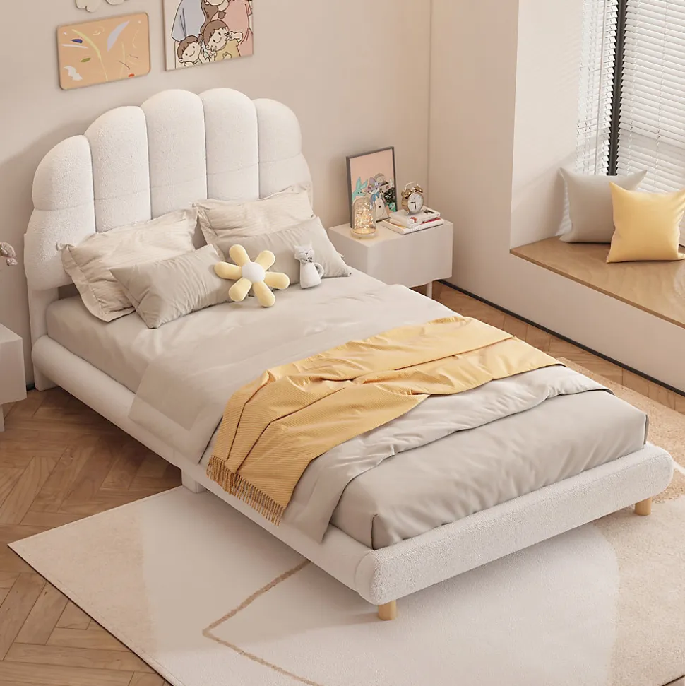 Lit Simple 90x200 cm - Lit Enfant Junior avec Tête de Lit en Peluche - Sans Matelas - Blanc