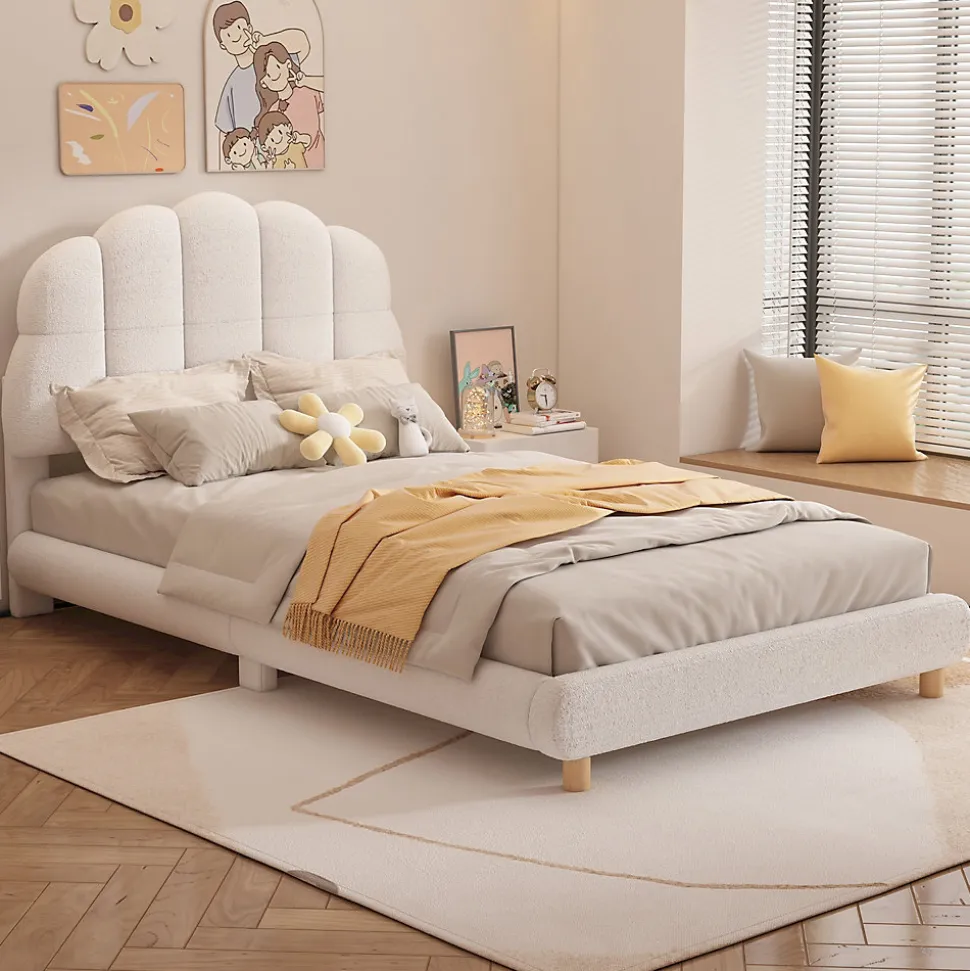 Lit Simple 90x200 cm - Lit Enfant Junior avec Tête de Lit en Peluche - Sans Matelas - Blanc