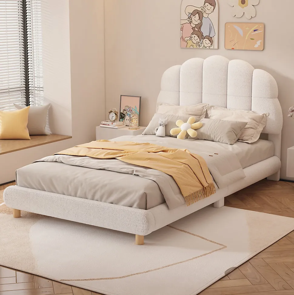 Lit Simple 90x200 cm - Lit Enfant Junior avec Tête de Lit en Peluche - Sans Matelas - Blanc