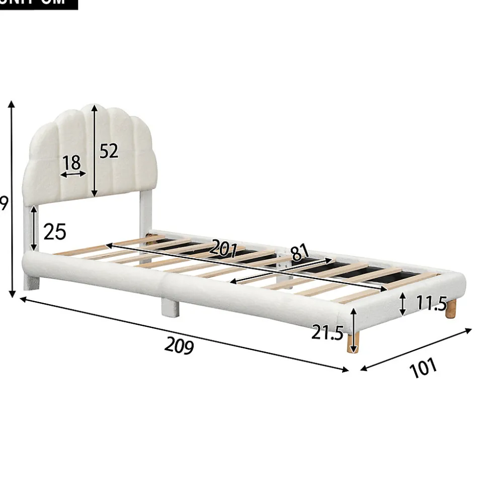 Lit Simple 90x200 cm - Lit Enfant Junior avec Tête de Lit en Peluche - Sans Matelas - Blanc