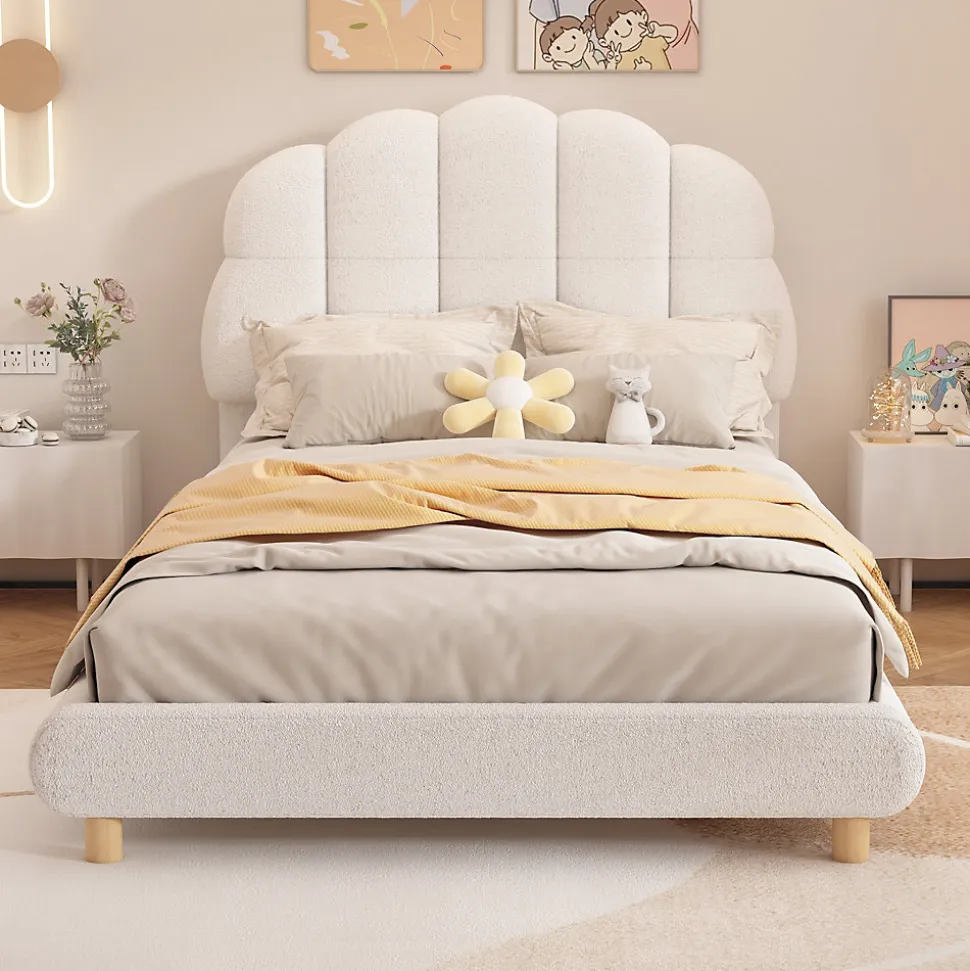 Lit Simple 90x200 cm - Lit Enfant Junior avec Tête de Lit en Peluche - Sans Matelas - Blanc