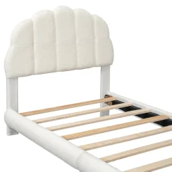Lit Simple 90x200 cm - Lit Enfant Junior avec Tête de Lit en Peluche - Sans Matelas - Blanc